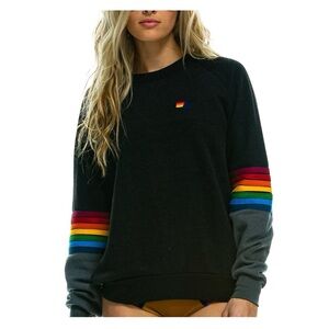 Aviator Nation Rainbow Striped Sleeves Sweatshirt in Black